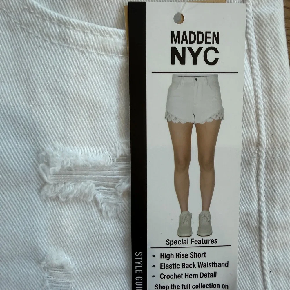 Madden NYC Womens High Rise Crochet Lace Hem Denim Shorts White Distressed Small - Picture 4 of 8